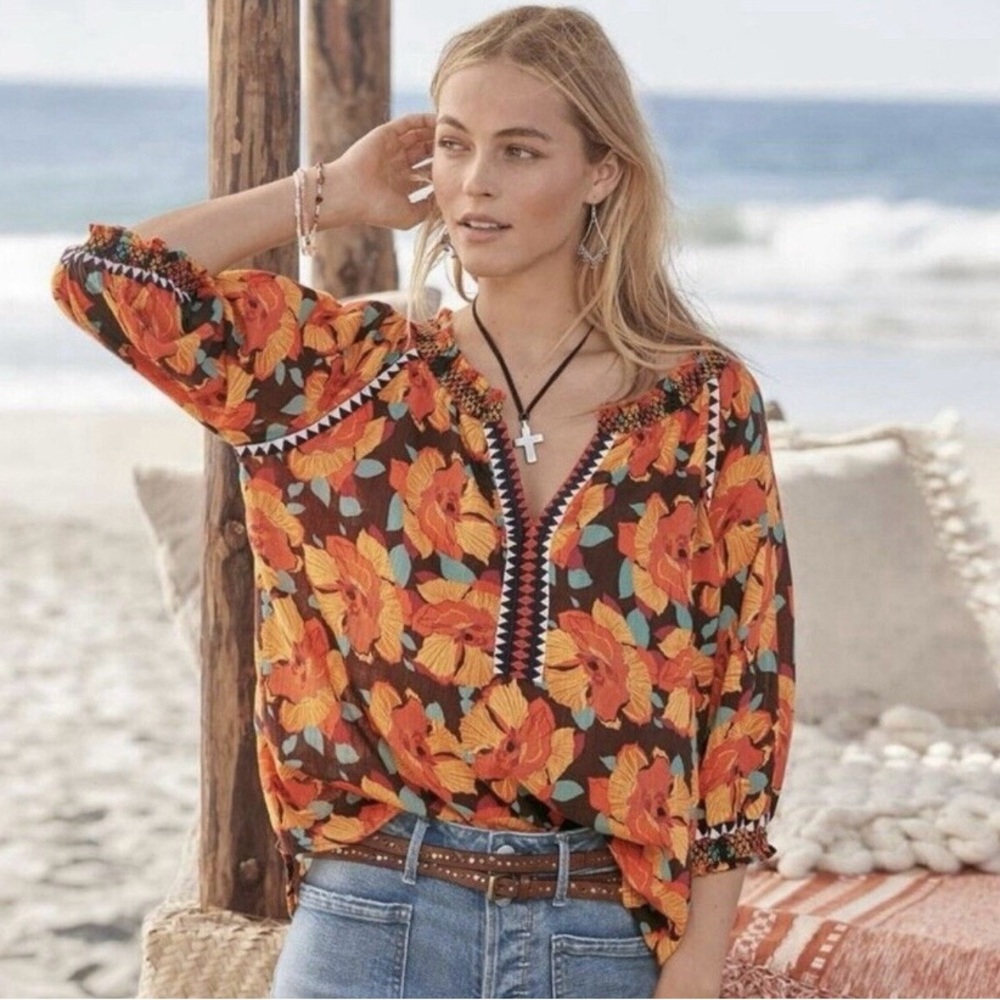 Sundance | Orange Floral Puff Sleeve Top | L